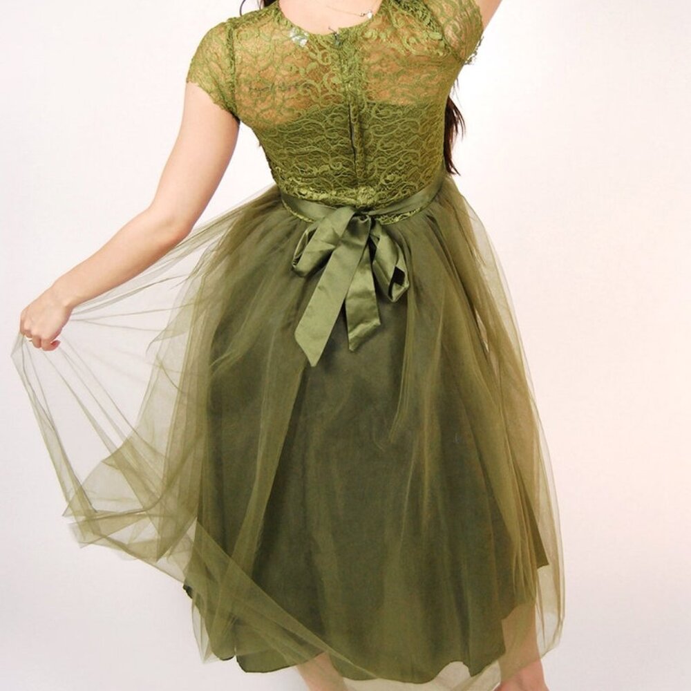 Vintage Fairy Dress (S) moss green y2k ball gown small xs chiffon fairycore prom - Picture 3 of 7